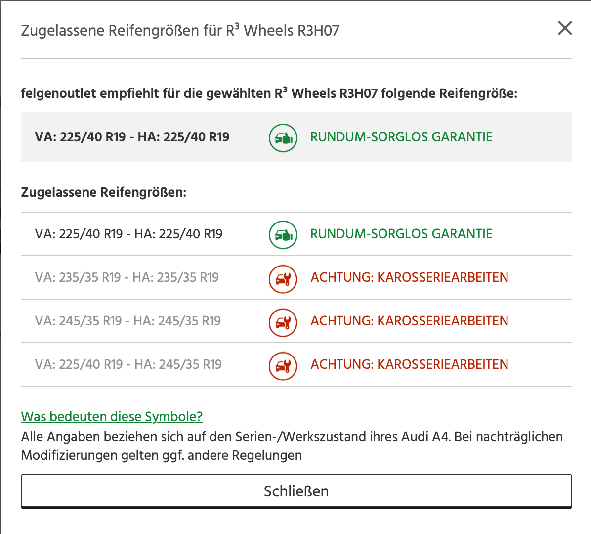 Gutachten-Beratung zugelassene Reifengrößen