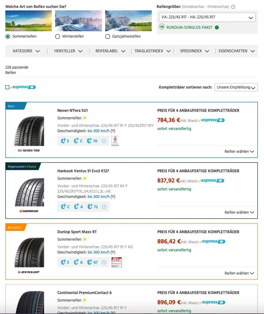 Filtermöglichkeiten bei der Reifenauswahl